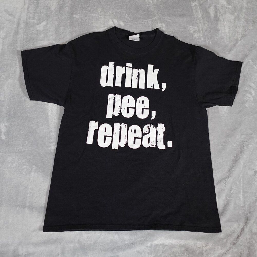 Vintage Drink Pee Repeat T Shirt Mens L Slim Adult Funny Quote Black Y2K